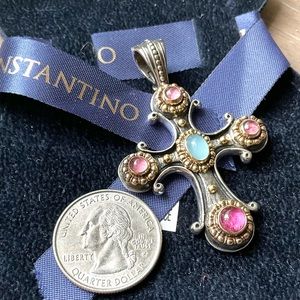 Konstantino Cross Pink Tourmaline and Aquamarine Gems